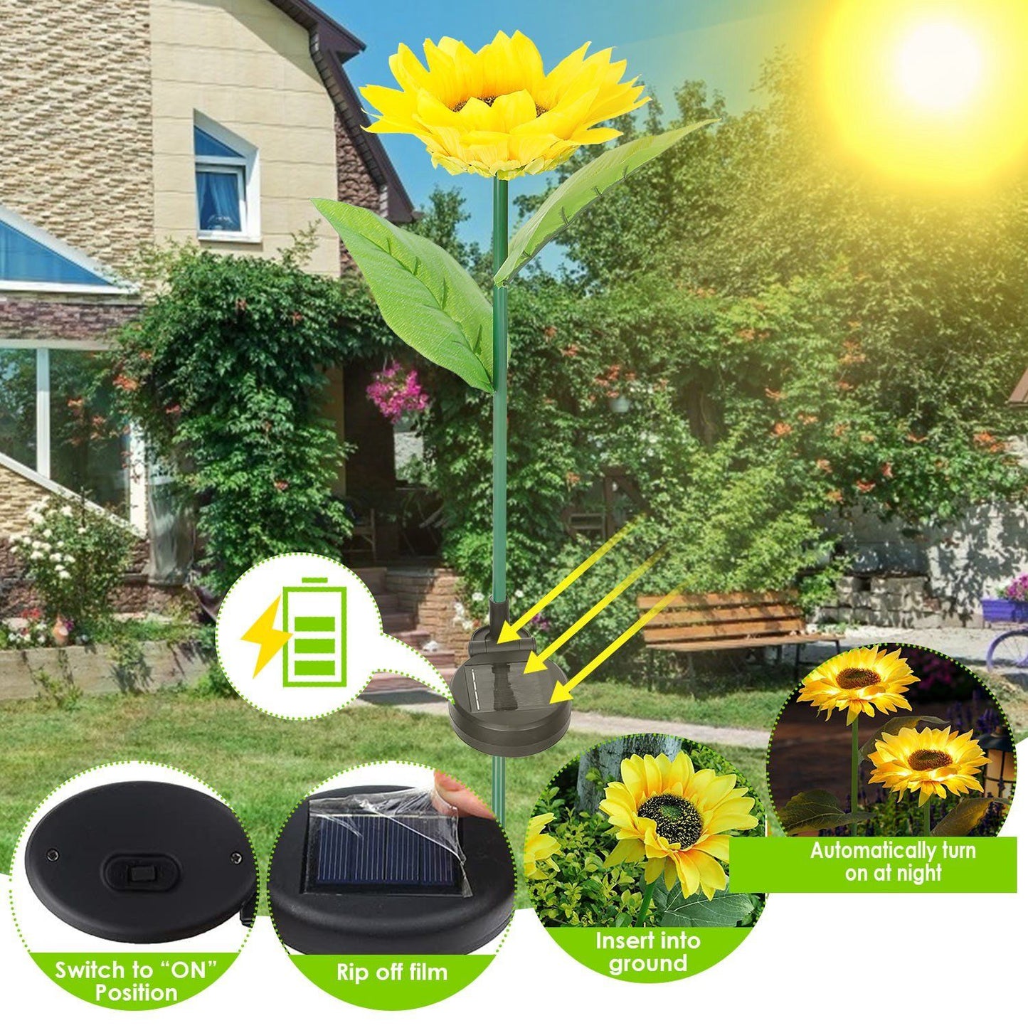 2-Pack: Solar Powered Sunflower Lights LED Decorative Stake Lamp