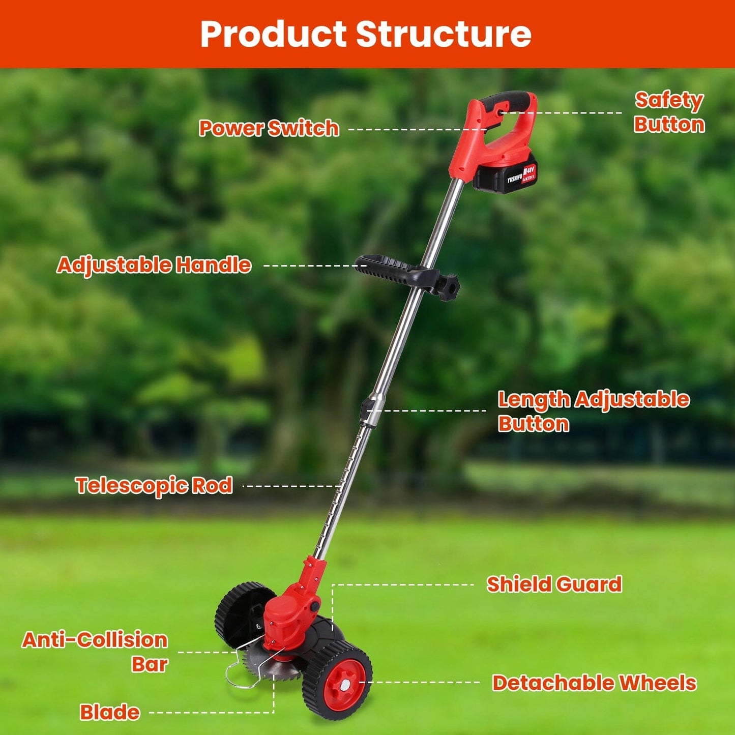 3-in-1 Electric Cordless Grass Wacker Battery Powered Grass Trimmer with Wheels Adjustable Head with 2-Pieces 2500mAh Batteries