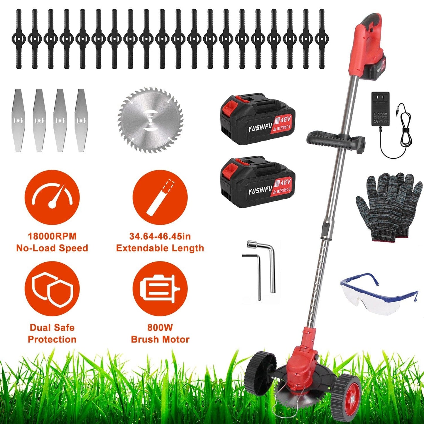 3-in-1 Electric Cordless Grass Wacker Battery Powered Grass Trimmer with Wheels Adjustable Head with 2-Pieces 2500mAh Batteries