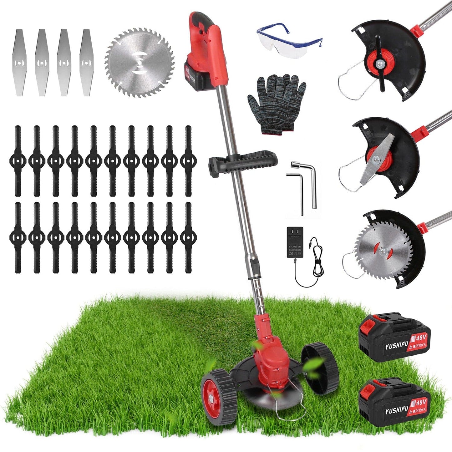 3-in-1 Electric Cordless Grass Wacker Battery Powered Grass Trimmer with Wheels Adjustable Head with 2-Pieces 2500mAh Batteries