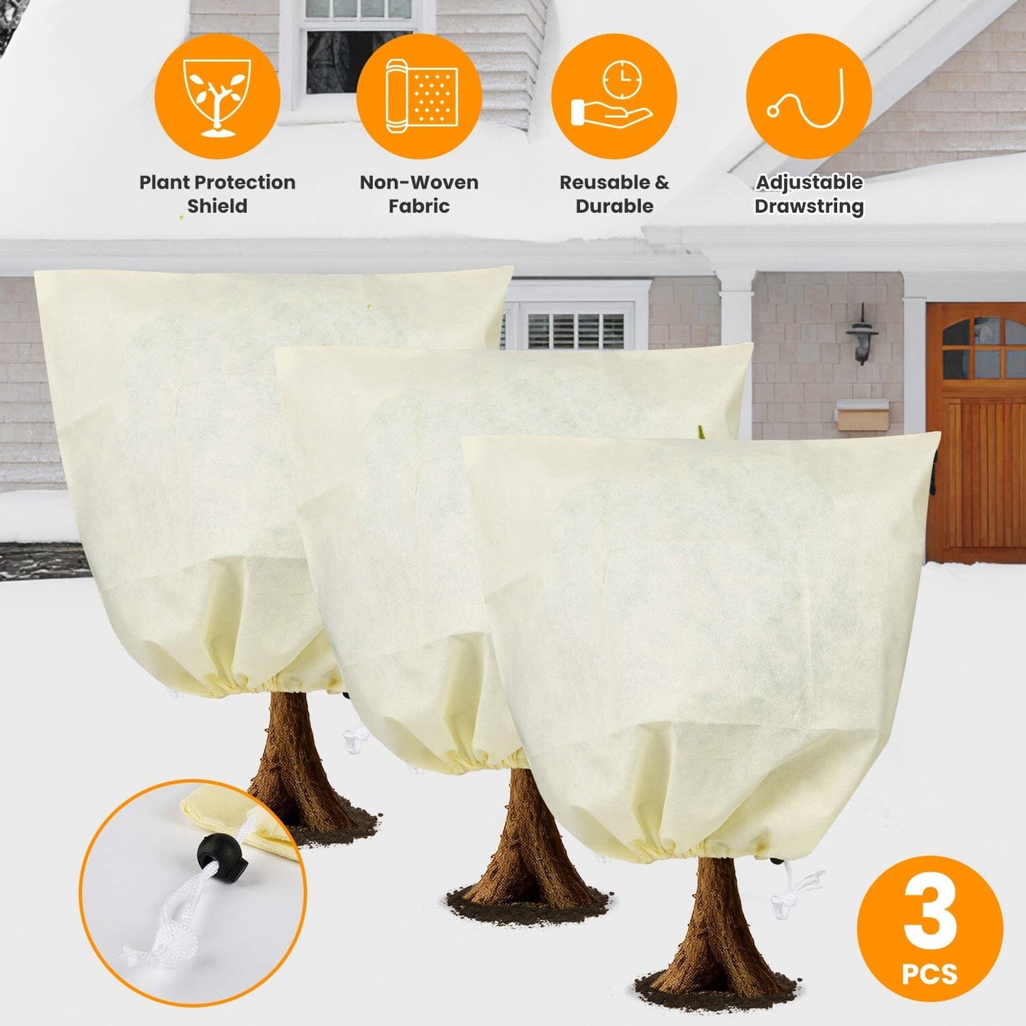 3-Pieces: Winter Plant Cover Bags with Drawstring