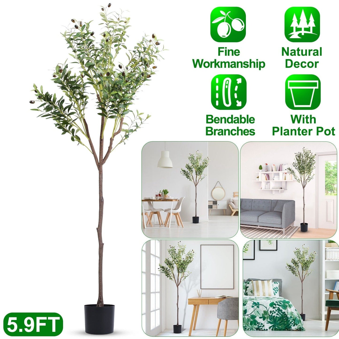 5.9ft Artificial Olive Tree with Lush Olive Branches and Fruits with Black Planter Pot