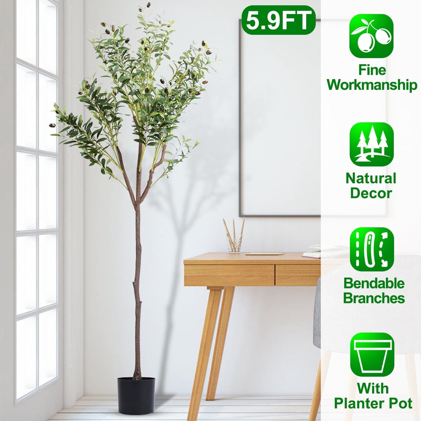 5.9ft Artificial Olive Tree with Lush Olive Branches and Fruits with Black Planter Pot