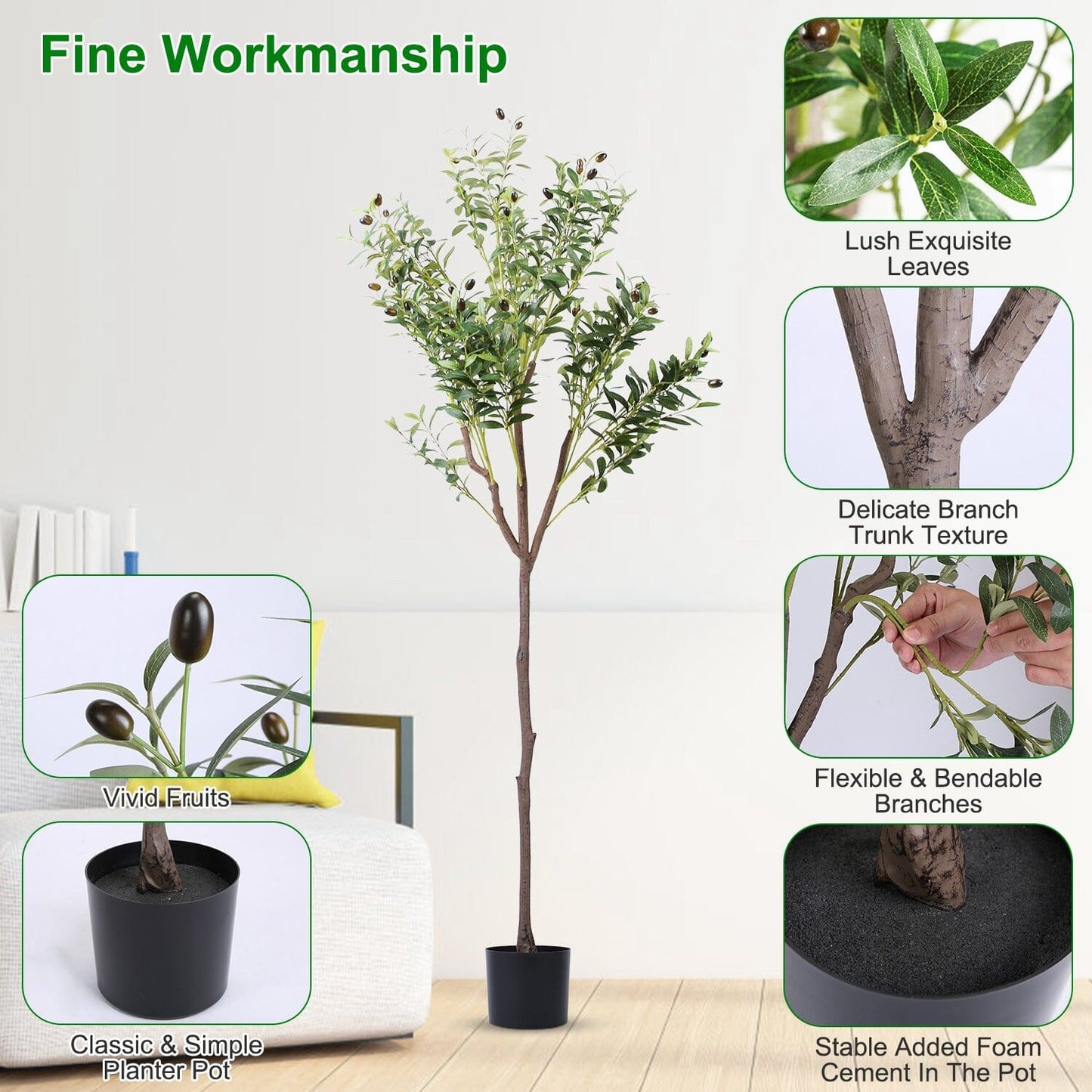 5.9ft Artificial Olive Tree with Lush Olive Branches and Fruits with Black Planter Pot