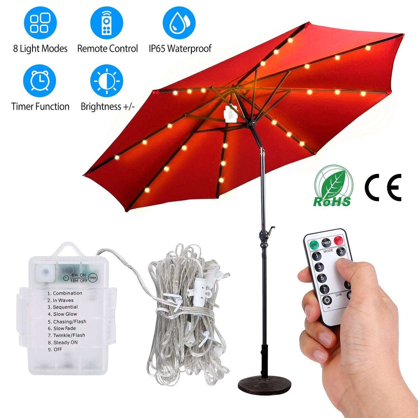 Patio Umbrella Lights 8 Lighting Mode with Remote Control