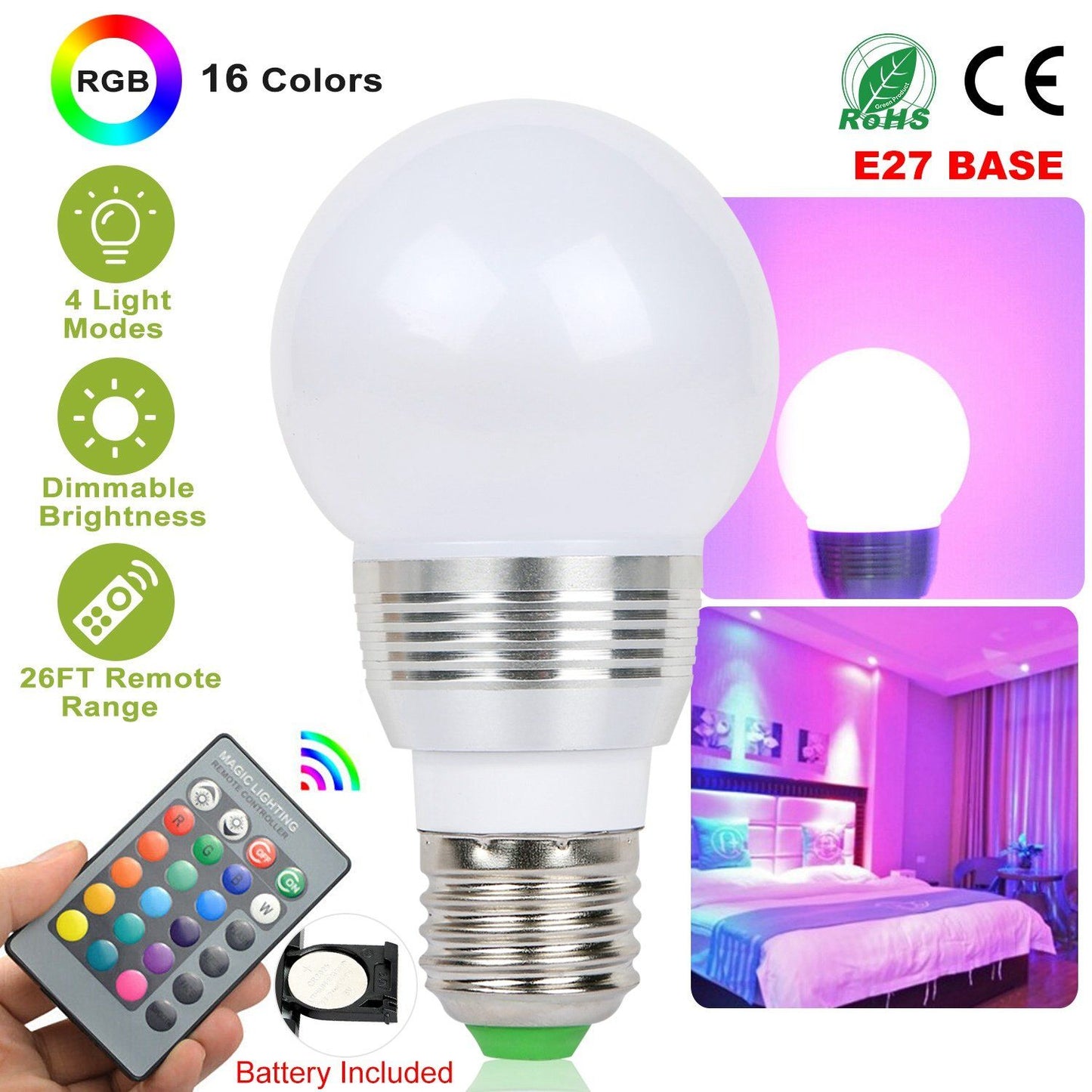 16 Colors Change LED Bulbs E27 3W RGD Dimmable Mood Lighting Lamp