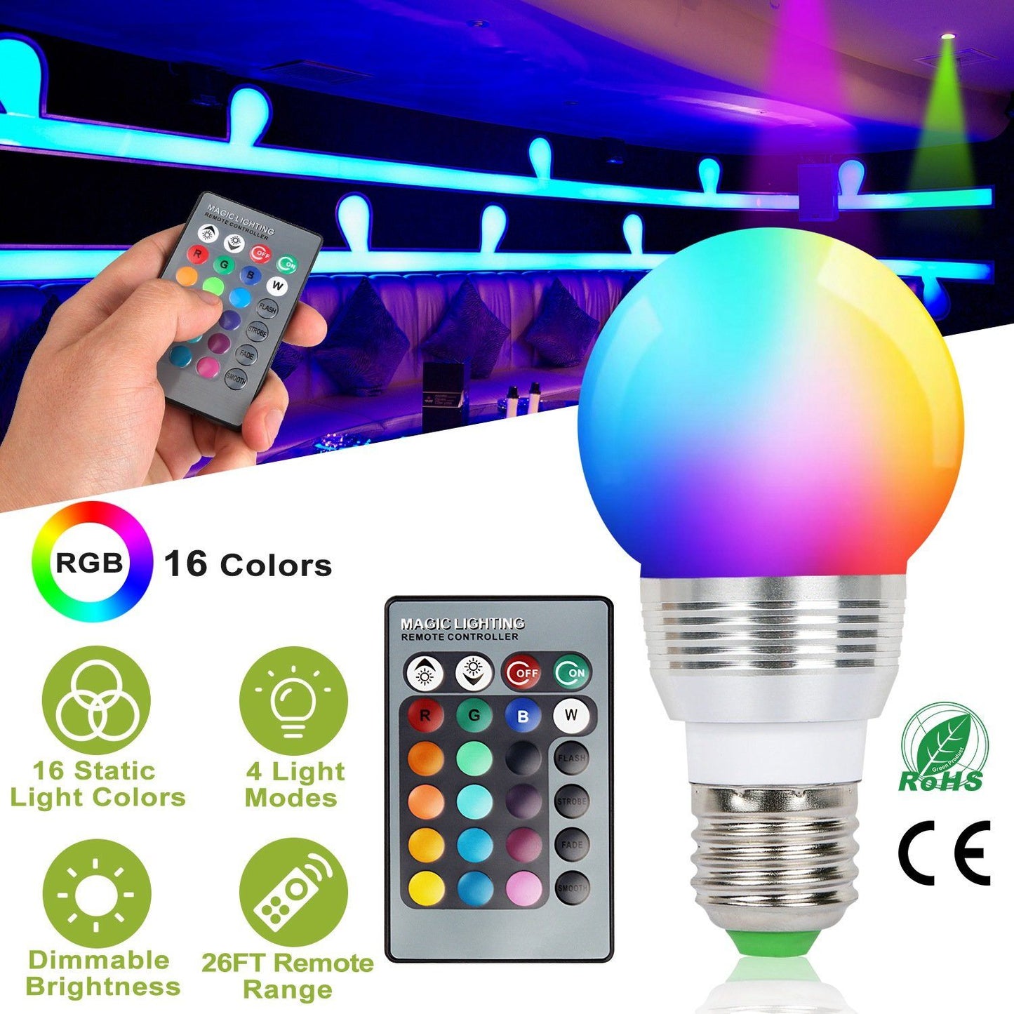 16 Colors Change LED Bulbs E27 3W RGD Dimmable Mood Lighting Lamp
